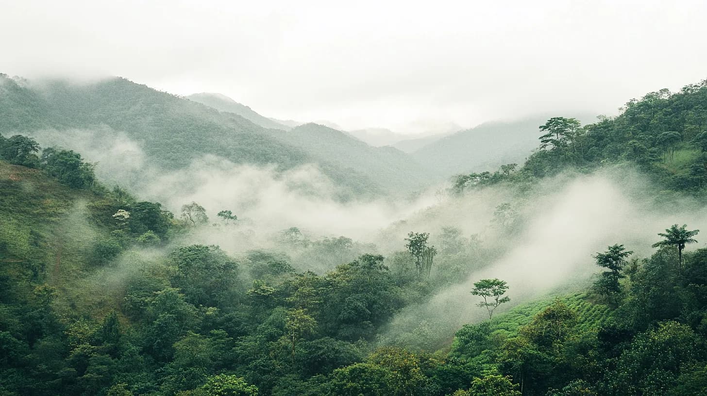 Coffee under shade in the foreground, cloud sitting in the valley below the hills of Banderones