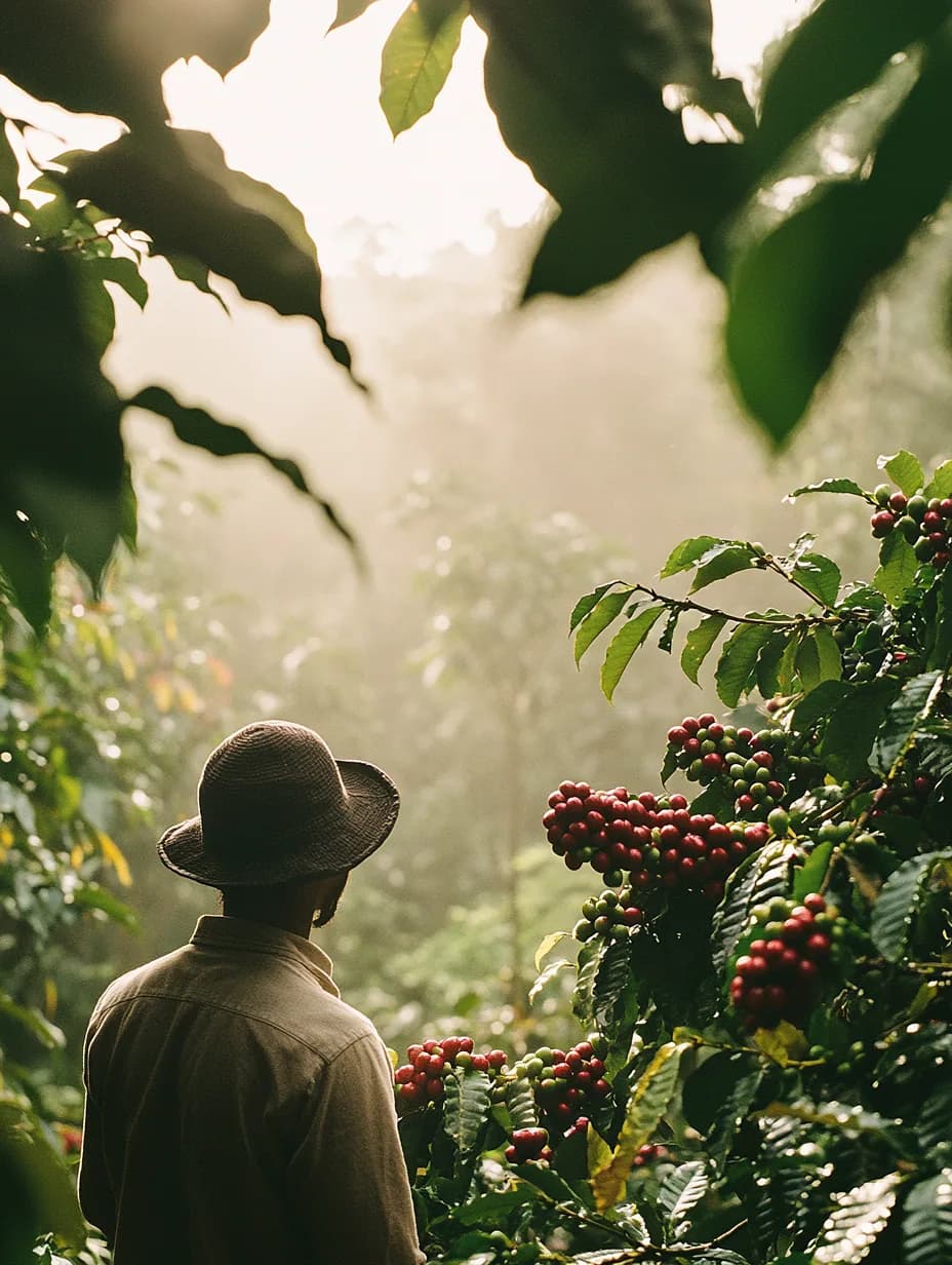 Coffee cherries ripening under a broken canopy at Banderones
