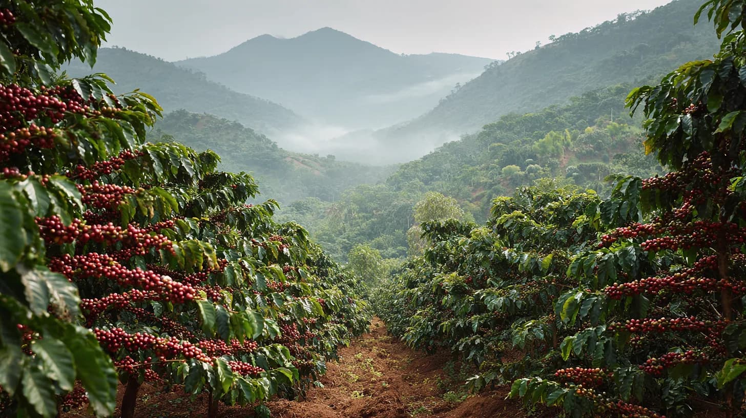 A track running between shaded coffee heavy with ripe cherry at Banderones